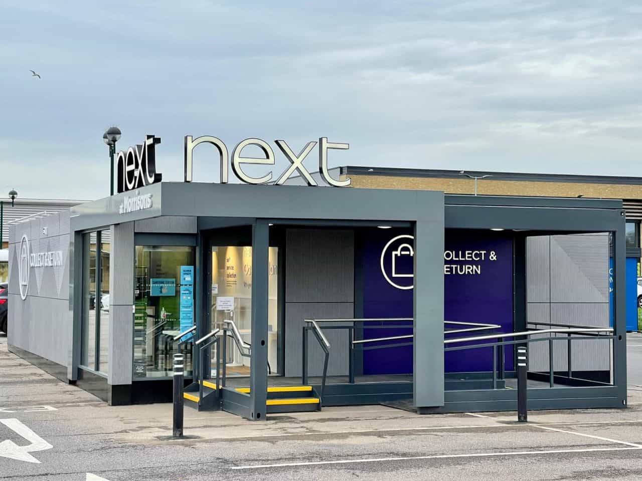 Closer exterior view of a NEXT collection and return pod in Leominster